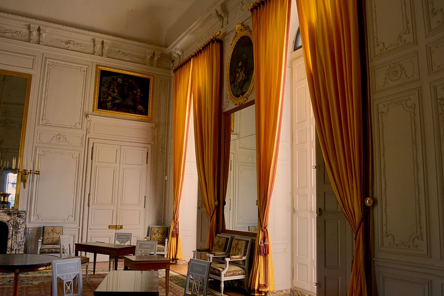 white house with yellow curtains, room, molding, dining room
