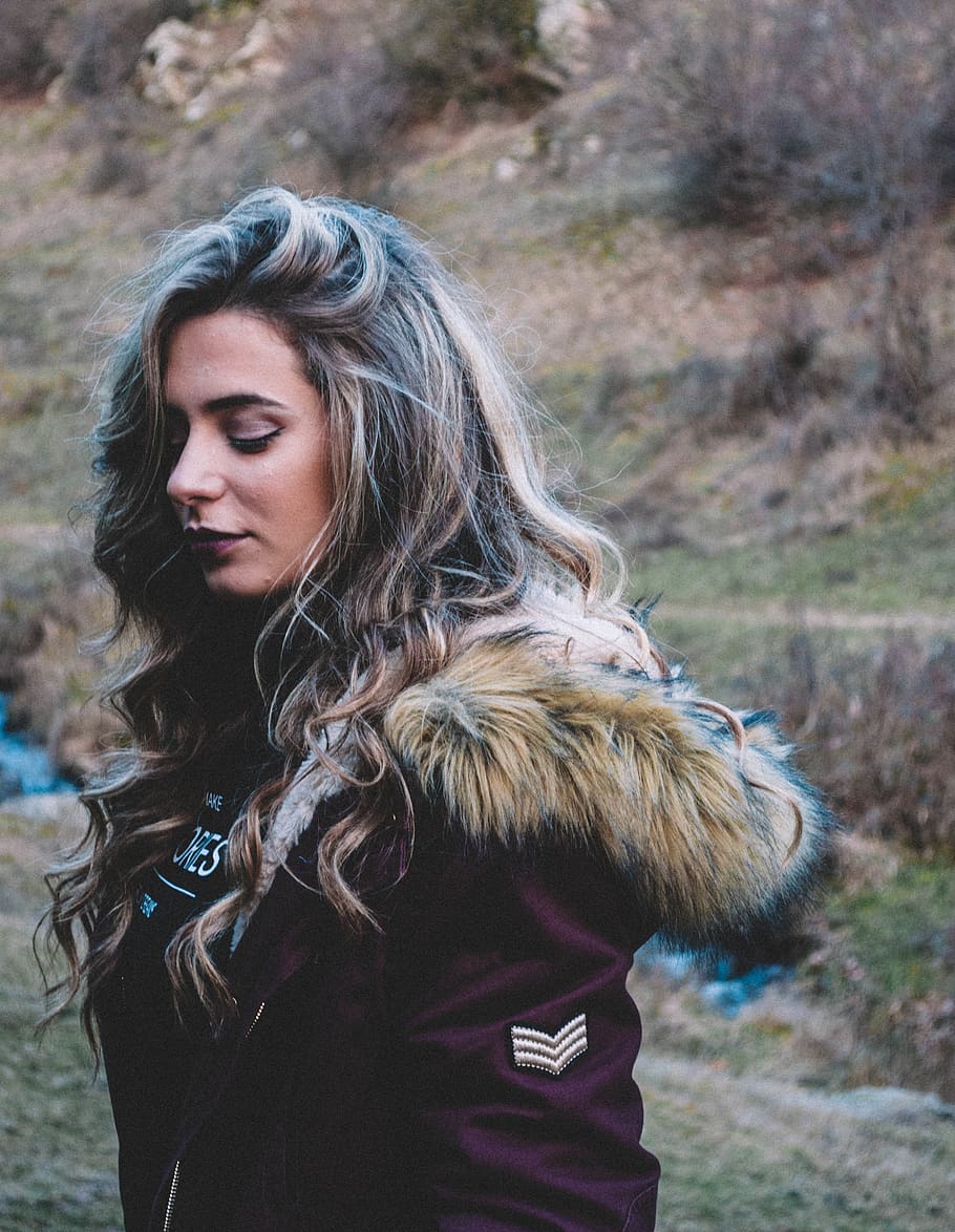 tree, winter, cold, natural, water, river, blonde, portrait HD wallpaper