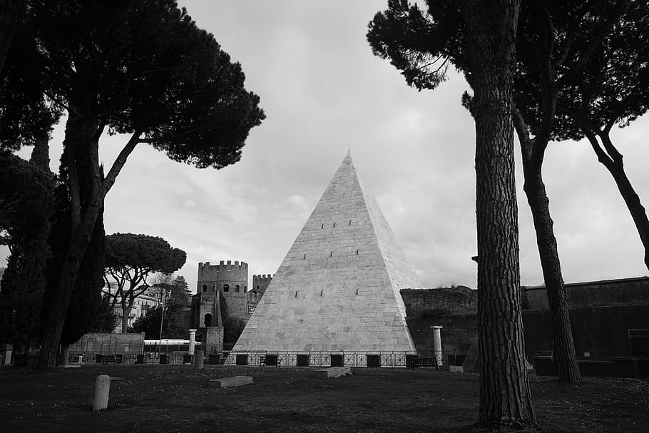 architecture, building, tree, plant, tree trunk, triangle, pyramid HD wallpaper