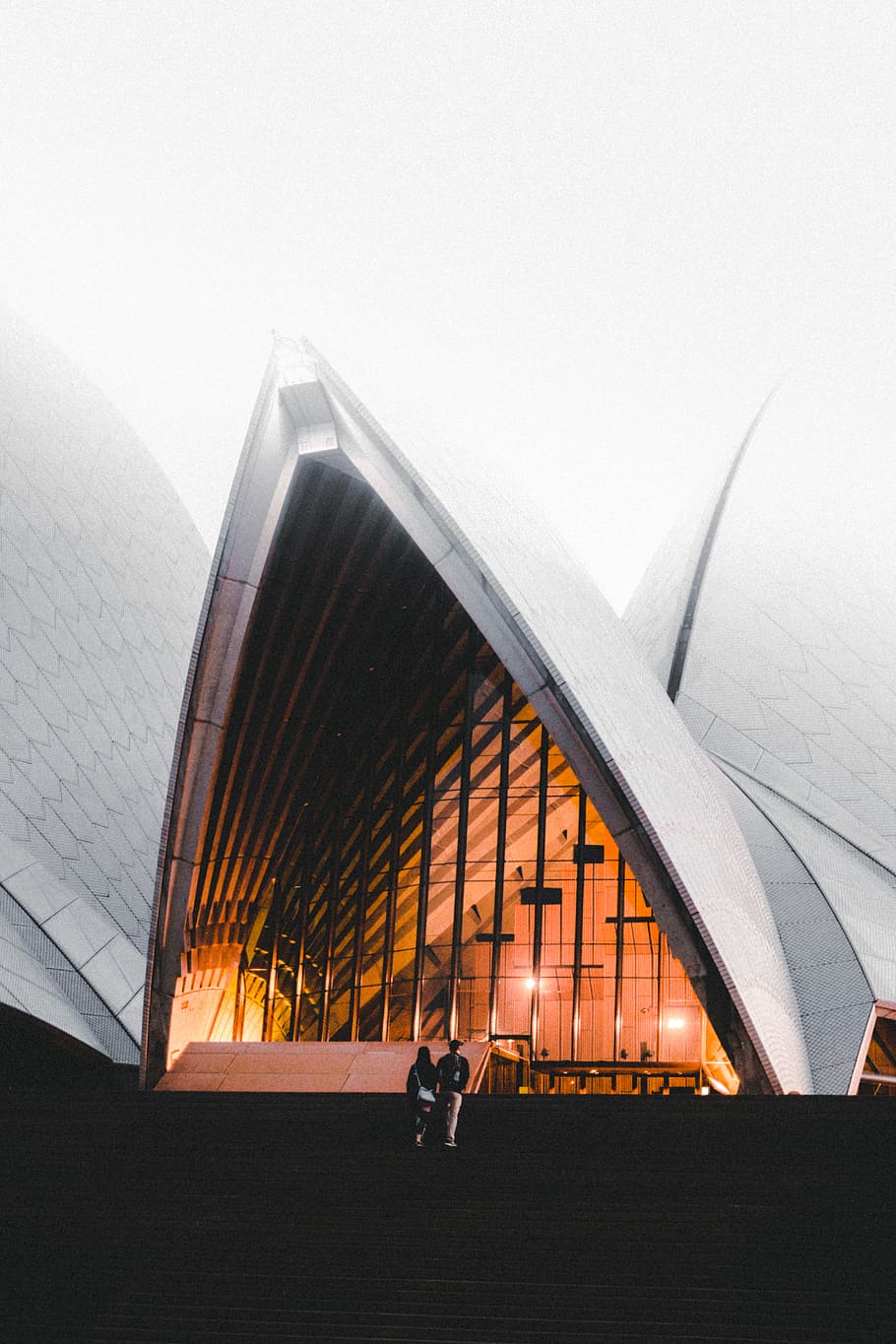 Sydney Opera House, Australia, building, person, light, sky, mist