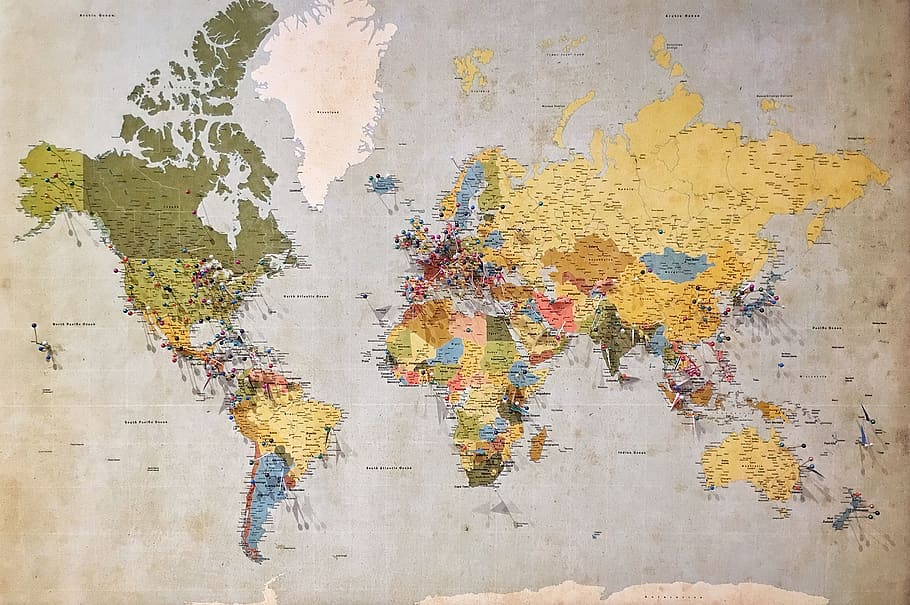 blue, green, and yellow world map, atlas, diagram, pin, flat