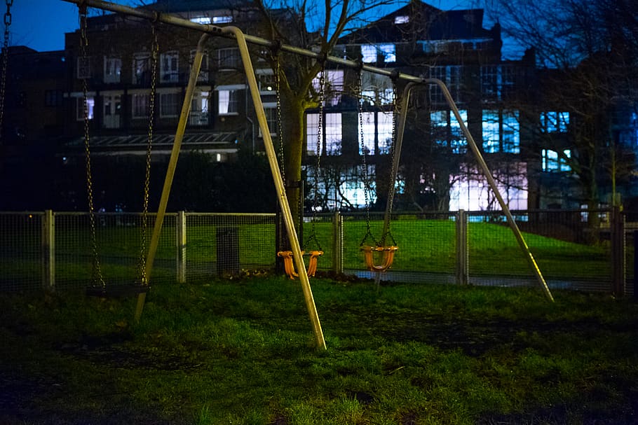 unoccupied swing, park, toy, playground, desolate, unused, dark HD wallpaper