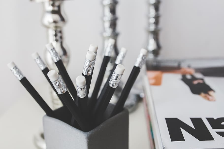 Black pencils with white erasers, no people, indoors, close-up HD wallpaper