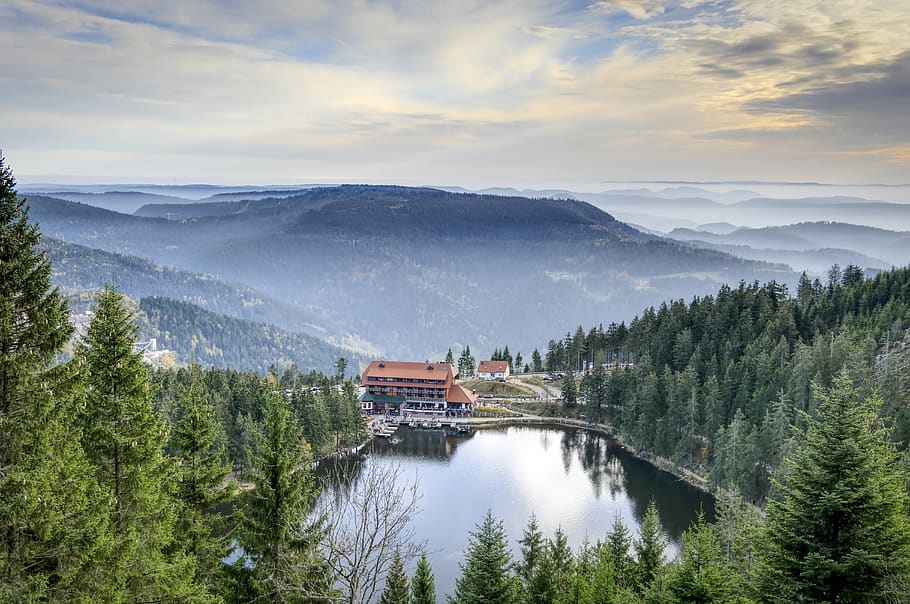 lake, mountains, black forest, hotel, mummelsee, nature, landscape, HD wallpaper