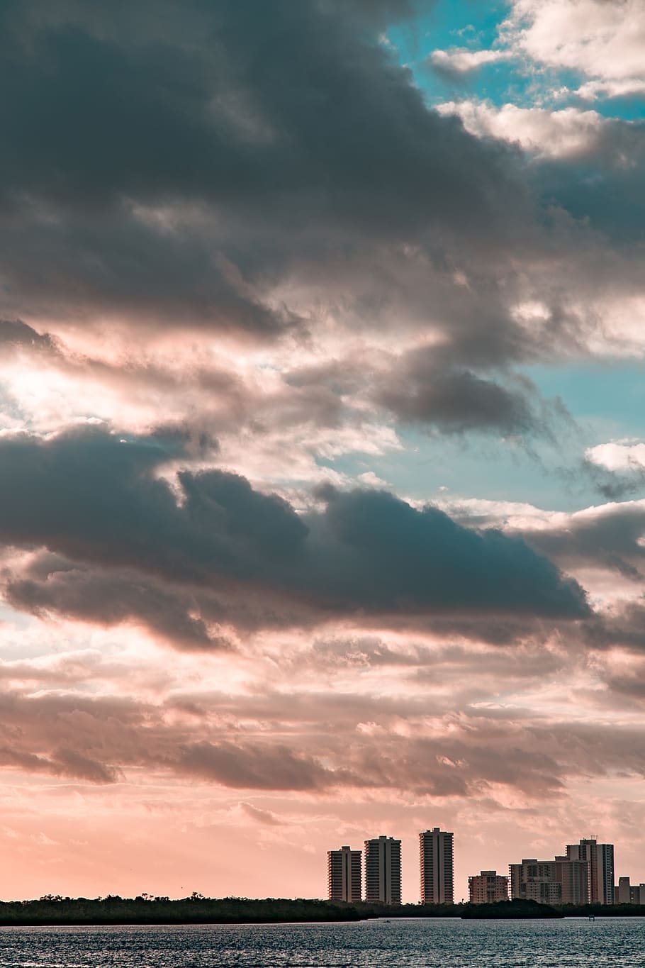 clouds, buildings, blue, sky, morning, sunrise, florida, ocean HD wallpaper
