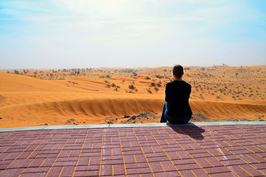 Person Wearing Black Top Facing Dessert, arid, blue sky, daylight HD wallpaper
