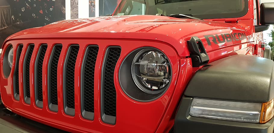 jeep, wrangler, rubicon, reflector, red, mode of transportation, HD wallpaper