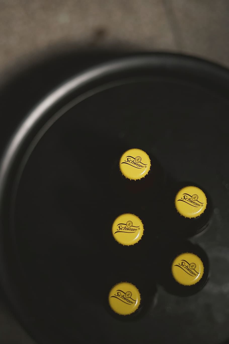 five bottles with yellow cps, close-up, indoors, no people, black color HD wallpaper