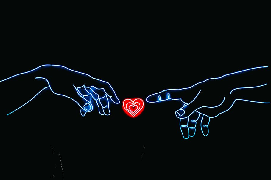 neon light photo of two hands touching red heart, illuminated, HD wallpaper