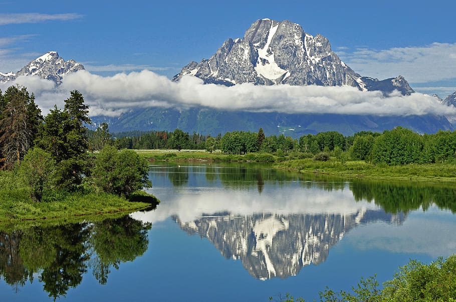 alps mountain near green trees, nature, outdoors, water, mountain range, HD wallpaper