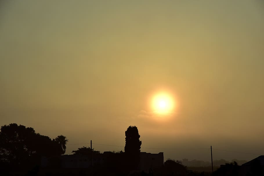 sunset, mediterranean, village, shadow, houses, trees, small HD wallpaper