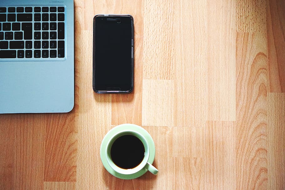 White Ceramic Mug Near Black Smartphone, coffee, cup, desk, keyboard HD wallpaper