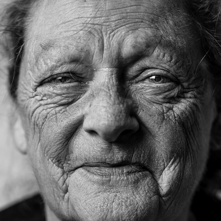 grayscale picture of person's portrait, grandma, face, wrinkle, HD wallpaper