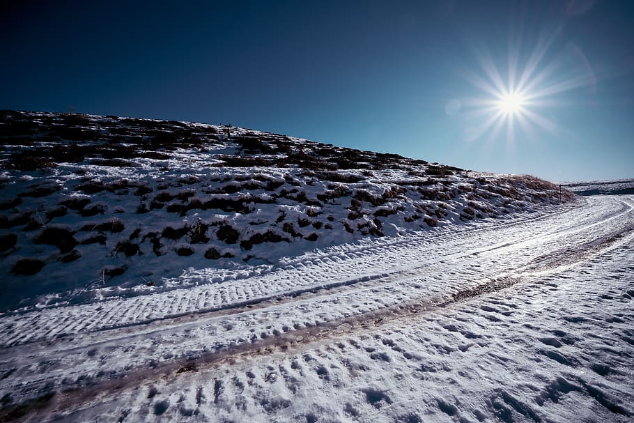 snow covered road, nature, flare, light, outdoors, sunlight, ice HD wallpaper