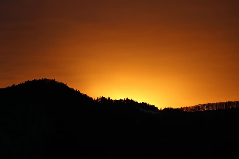 sunset, muemliswil, solothurn, switzerland, landscape, silhouette, HD wallpaper