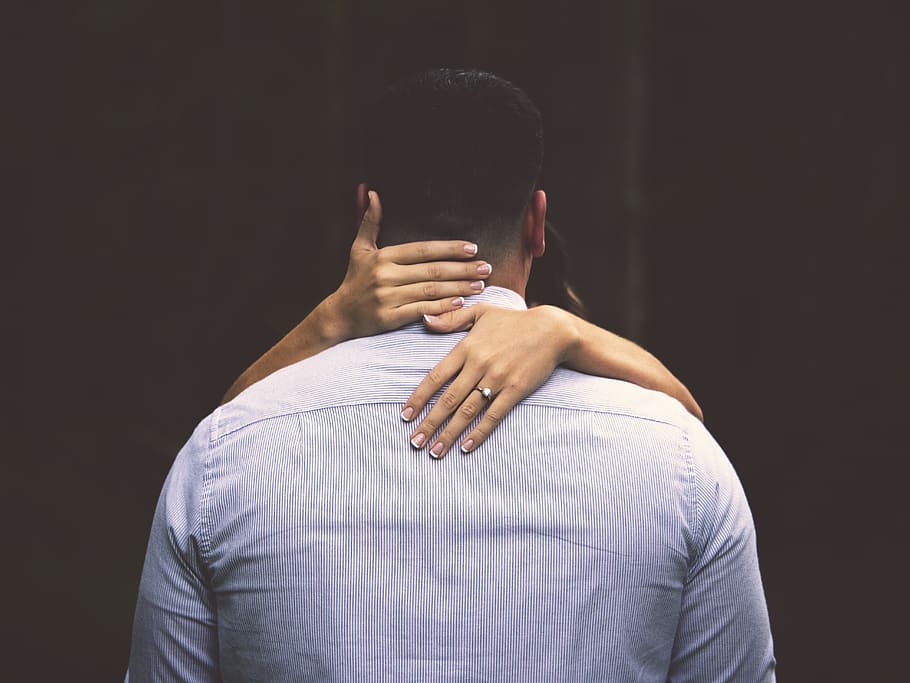 person hugging man, clothing, apparel, sleeve, human, long sleeve HD wallpaper