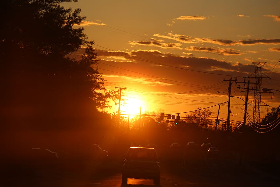 sunset, sky, orange color, car, electricity, mode of transportation HD wallpaper