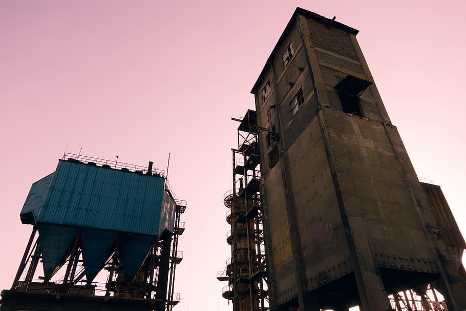 brown concrete building, factory, clock tower, architecture, construction HD wallpaper