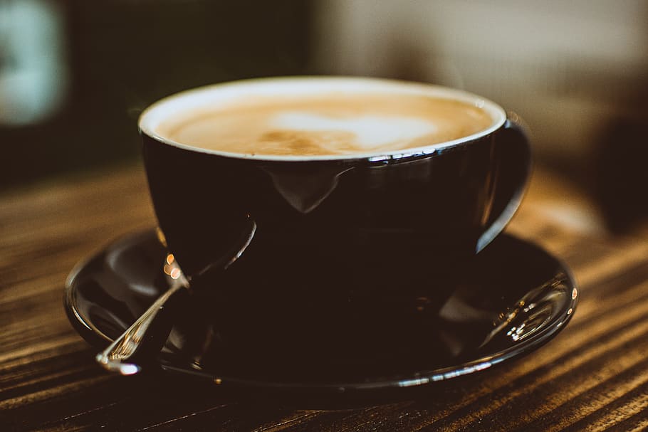 Black Ceramic Cup Filled With Latte, blur, blurred, caffeine HD wallpaper