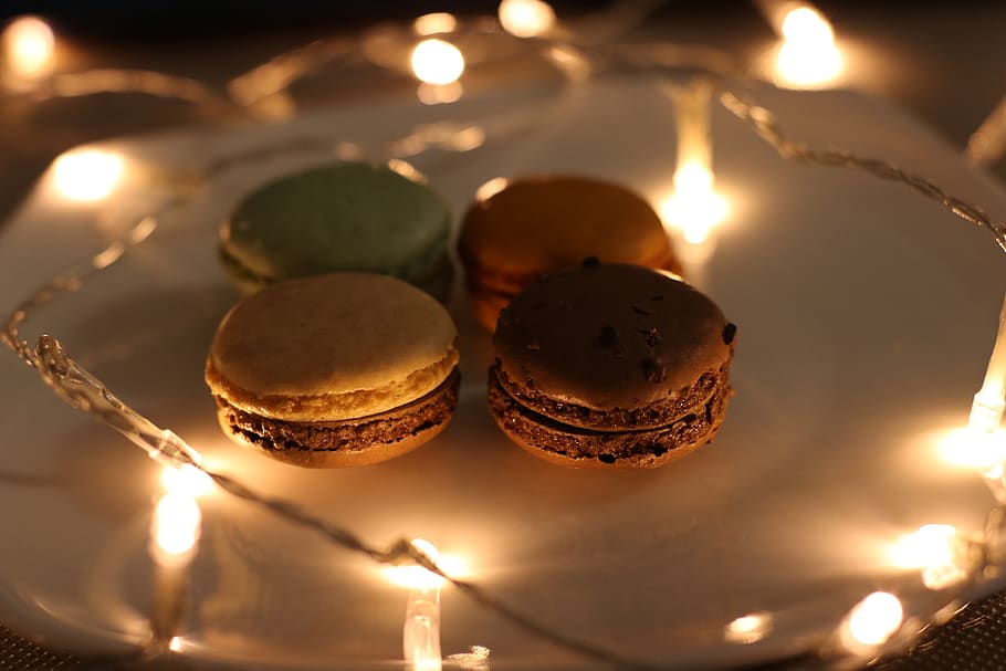 Four Assorted Macaroons on Plate, blur, burnt, camera, celebration HD wallpaper