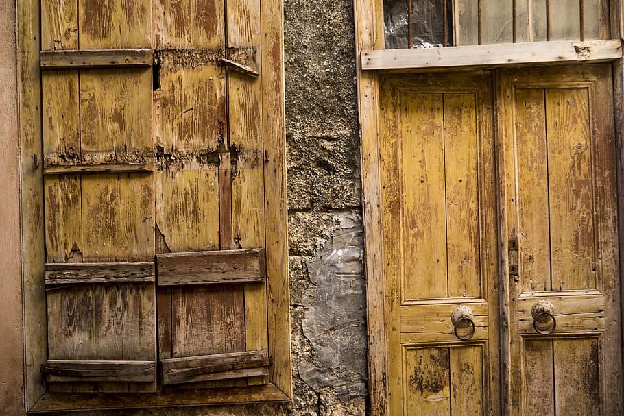 greece, chania, window, shutter, wood, stone, buildings, doors HD wallpaper