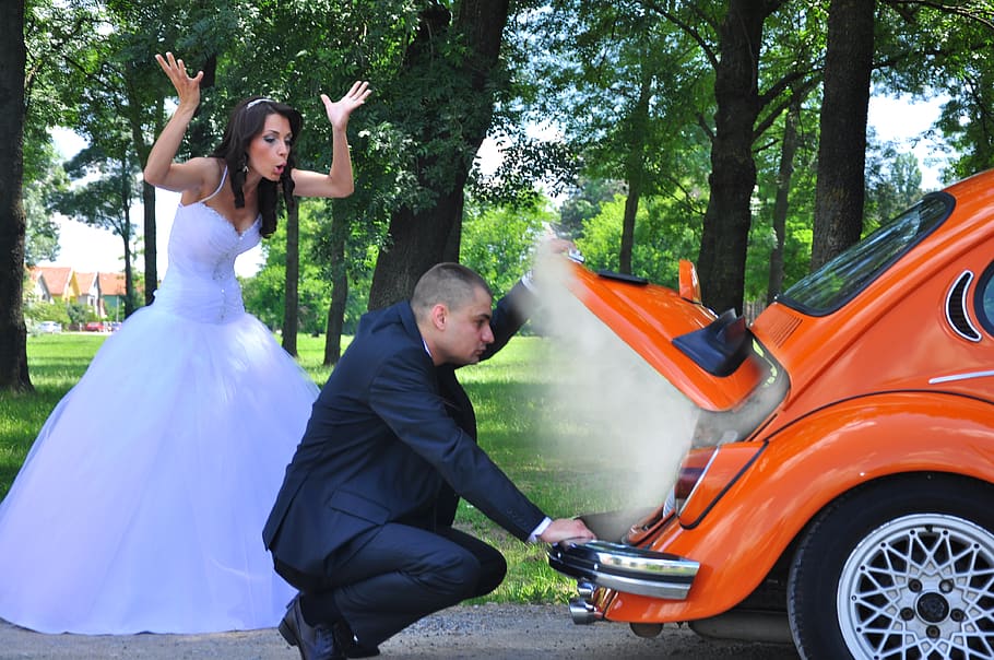 Woman in White Wedding Gown Near Orange Car, adult, anger, angry