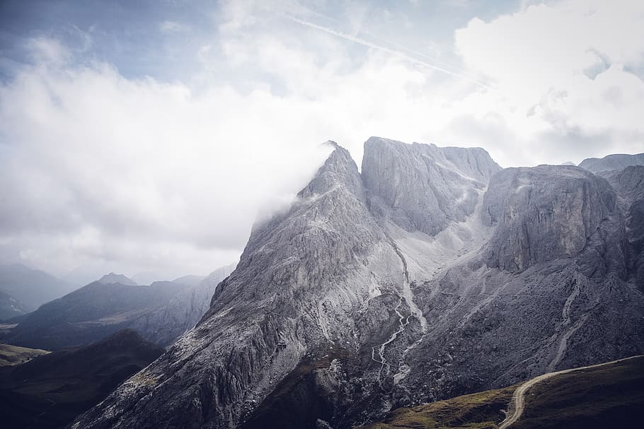 Gray Mountains Under Cloudy Sky, clouds, mountain range, nature HD wallpaper