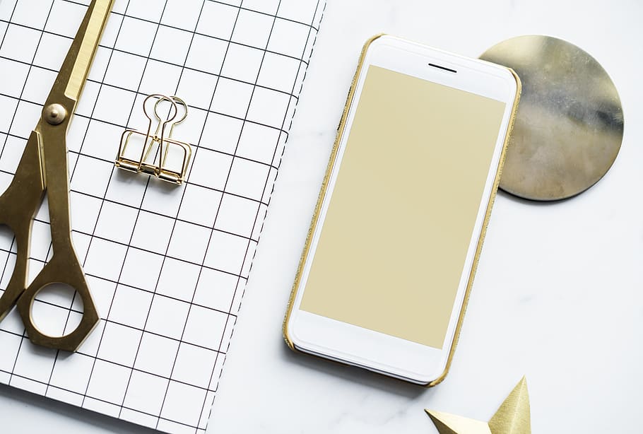White Smartphone, background, cellphone, desk, electronics, flat HD wallpaper