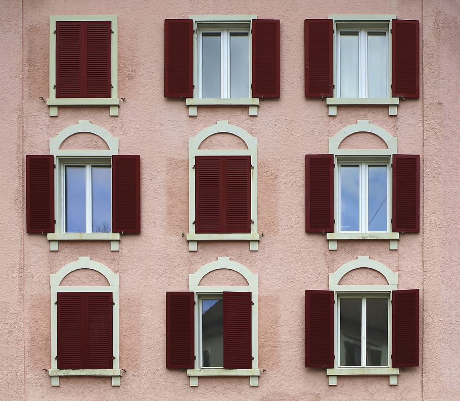 red wooden windows, building exterior, architecture, built structure HD wallpaper