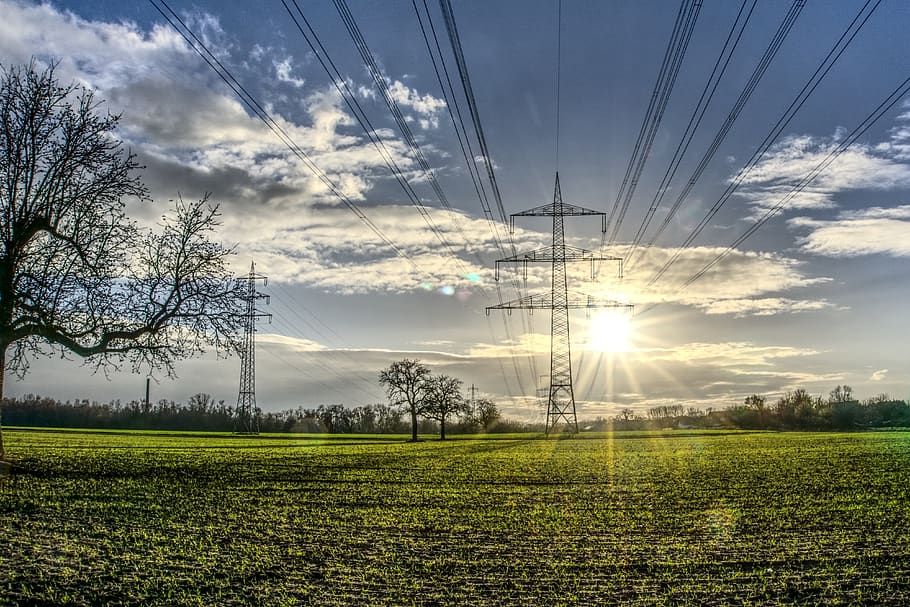 power line, catenary, sun, backlighting, dazzling star, sunbeam HD wallpaper