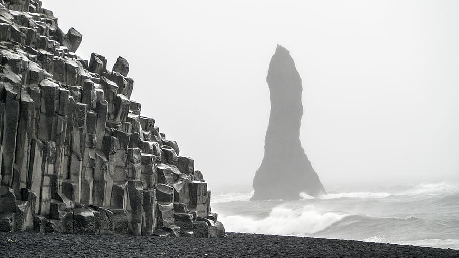 iceland, vik, troll in daylight, beach, basalt, cold, brutal, HD wallpaper