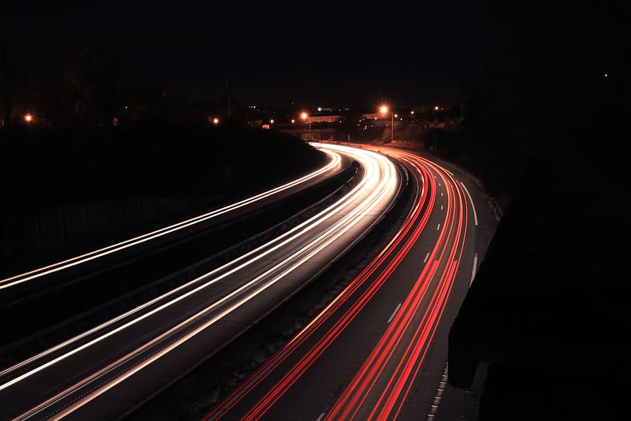 night, light, road, bridge, car, long exposure, light trail HD wallpaper