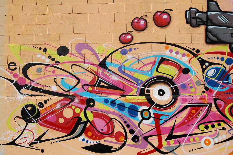 An abstract graffiti wall painting with cherries., wall street art in a public place, HD wallpaper