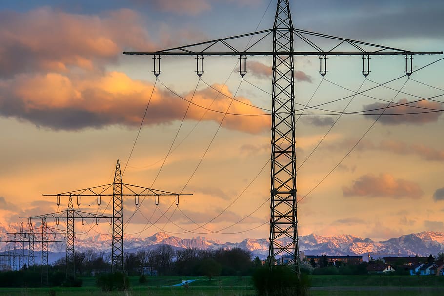 current, energy, masts, power supply, afterglow, sunset, alpine HD wallpaper
