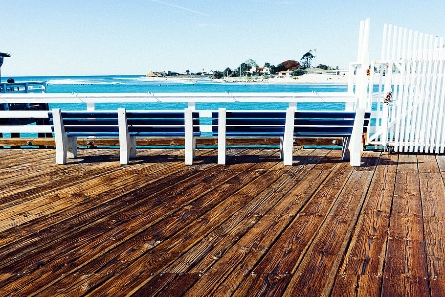 Two White Wooden Bench Near White Wooden Rails, jetty, water HD wallpaper