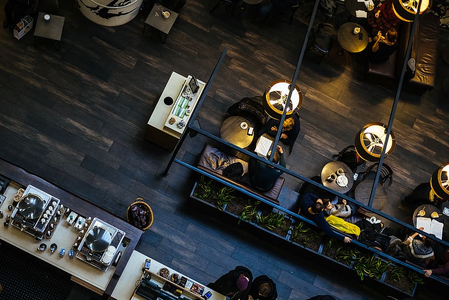 people inside restaurant, high angle view, indoors, table, food and drink HD wallpaper