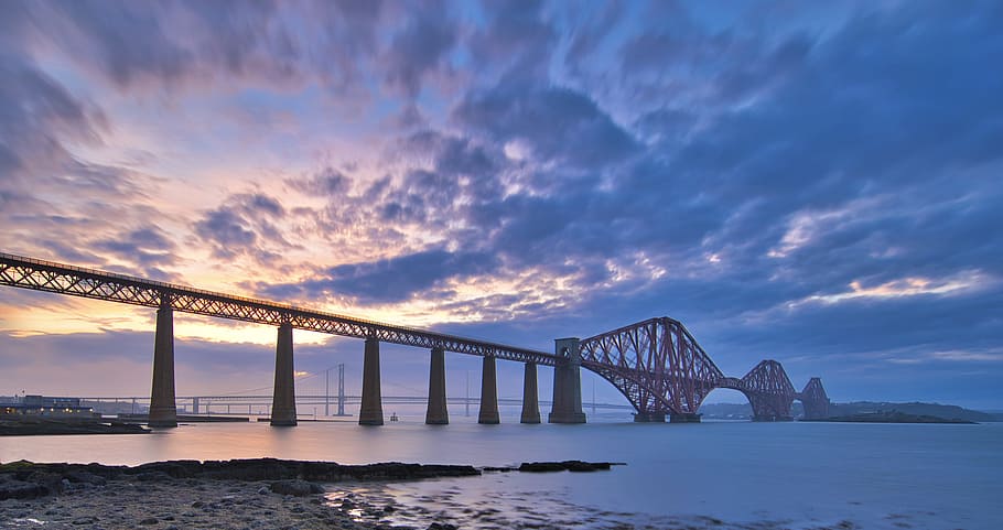 Red Bridge, architecture, bay, clouds, dawn, dusk, edinburgh HD wallpaper