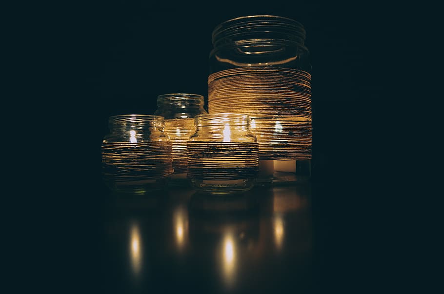 candles, group, jars, decoration, table, mood, dark, light HD wallpaper