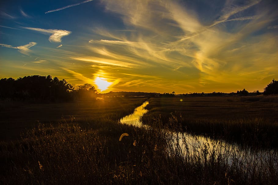sunset, stream, sky, tranquility, tranquil scene, scenics - nature HD wallpaper