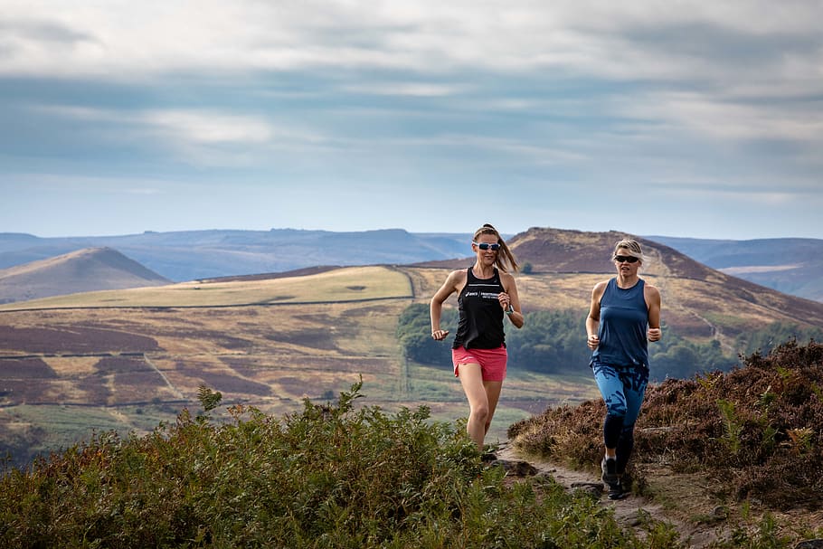 women running, mountain, leisure activity, sky, beauty in nature HD wallpaper