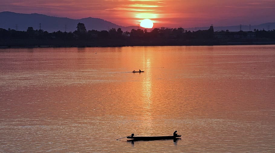 evening, dusk, sunset, mekong, river, laos, ling, boat, fisherman HD wallpaper