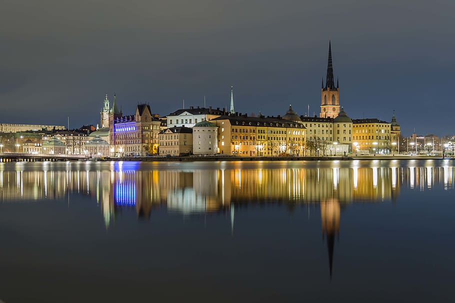 sweden, stockholm, night, city, reflection, water, skyline
