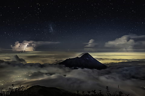 volcano, merapi, starry sky, asserted, thundercloud, city lights HD wallpaper