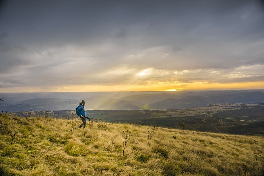 guy, man, hiking, trekking, grass, fields, mountains, landscape HD wallpaper