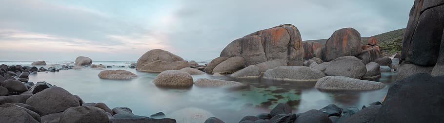 rockpool, coast, landscape, solid, rock - object, water, sky HD wallpaper