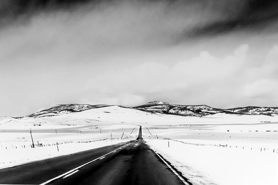 black concrete road path, winter, snow, sky, the way forward HD wallpaper