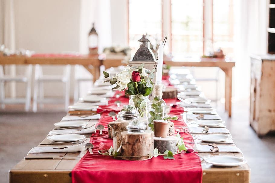 long table with plates and spoon set up, flower, indoors, flowering plant HD wallpaper