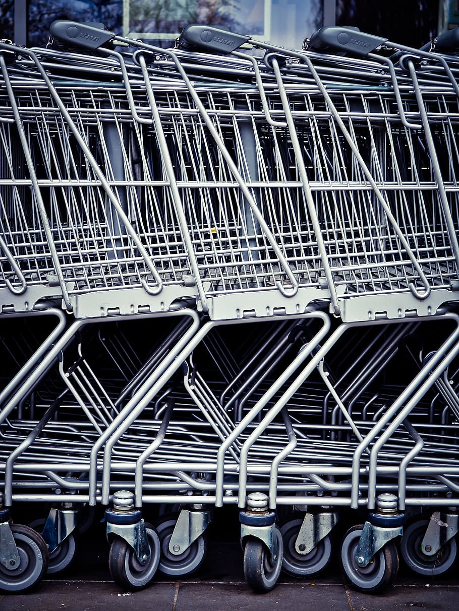 Shopping Carts Aligned, aluminum, black-and-white, chrome, container, HD wallpaper