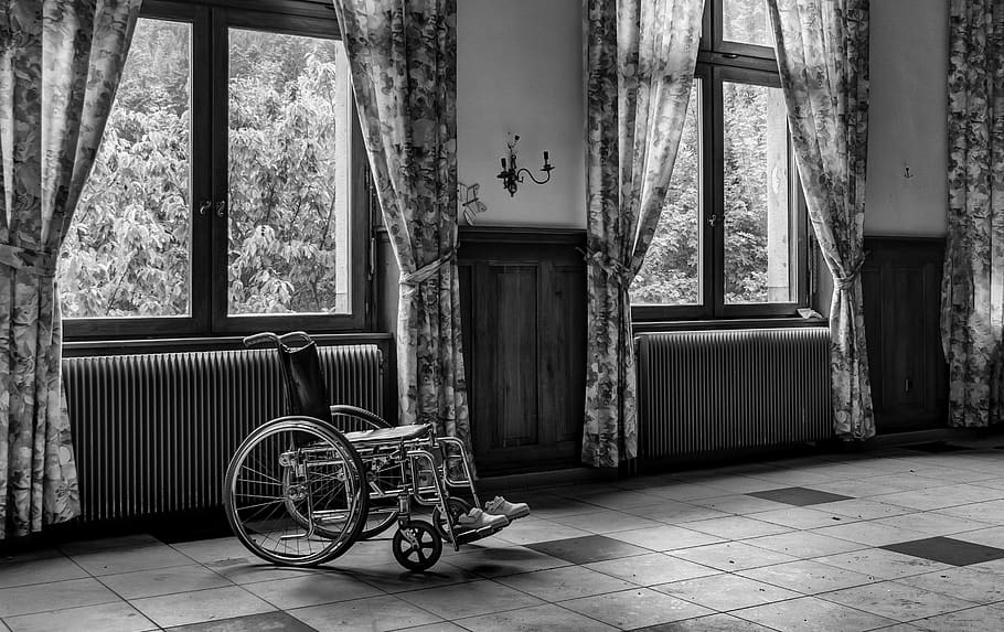 Grayscale Photo of Wheelchair, black-and-white, curtain, indoors