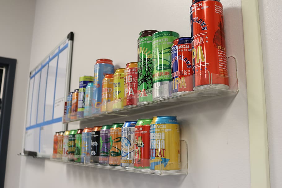 assorted-brand can on rack, soda, shelf, wall, interior, line HD wallpaper